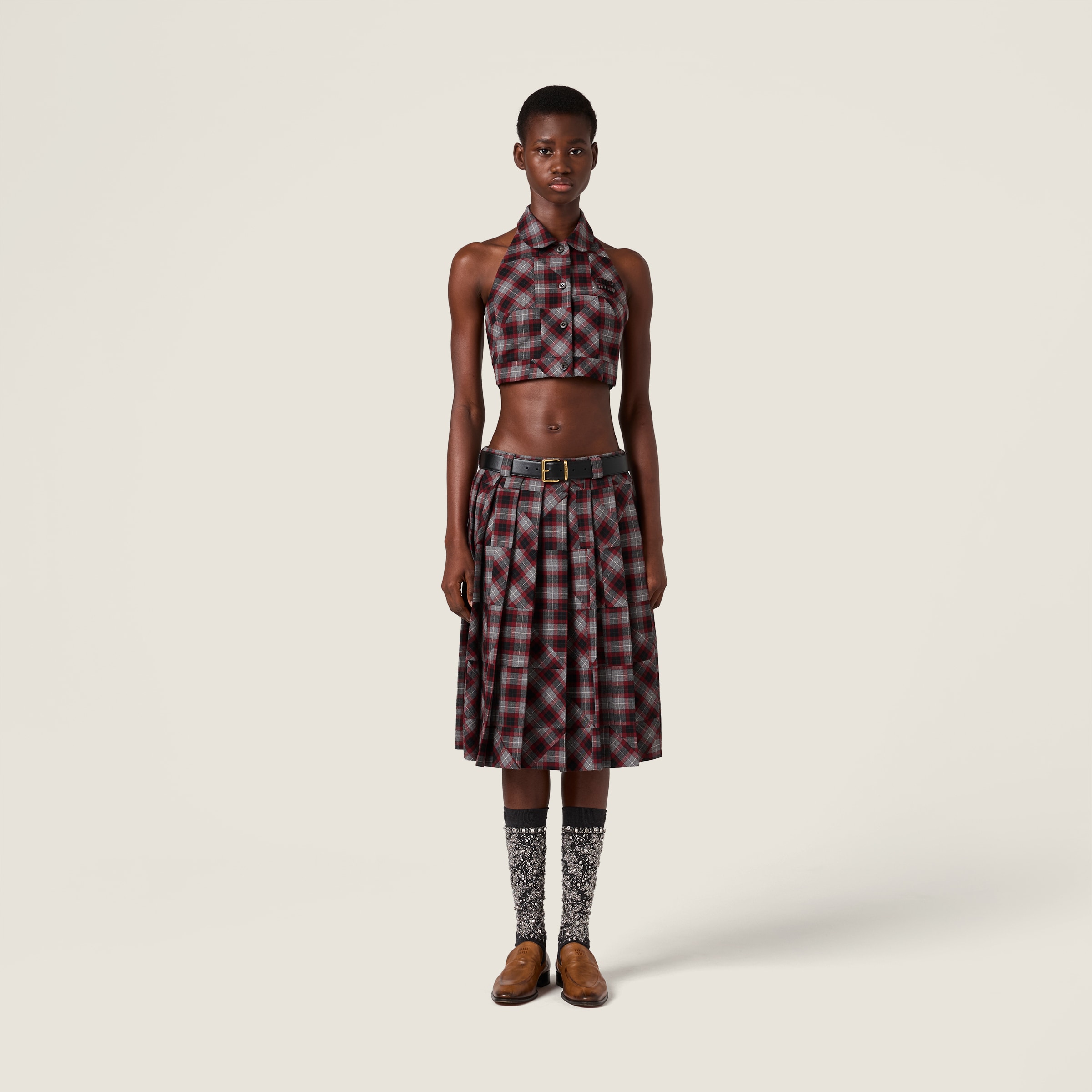 Miu Miu Tartan Patchwork Top In Brown