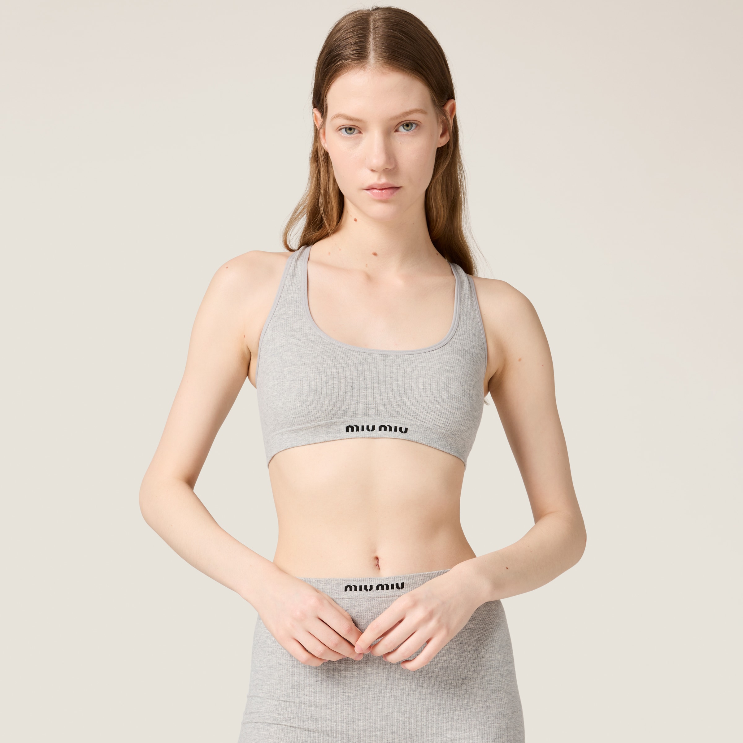 Miu Miu Seamless Mélange Racerback Crop Top In Grey