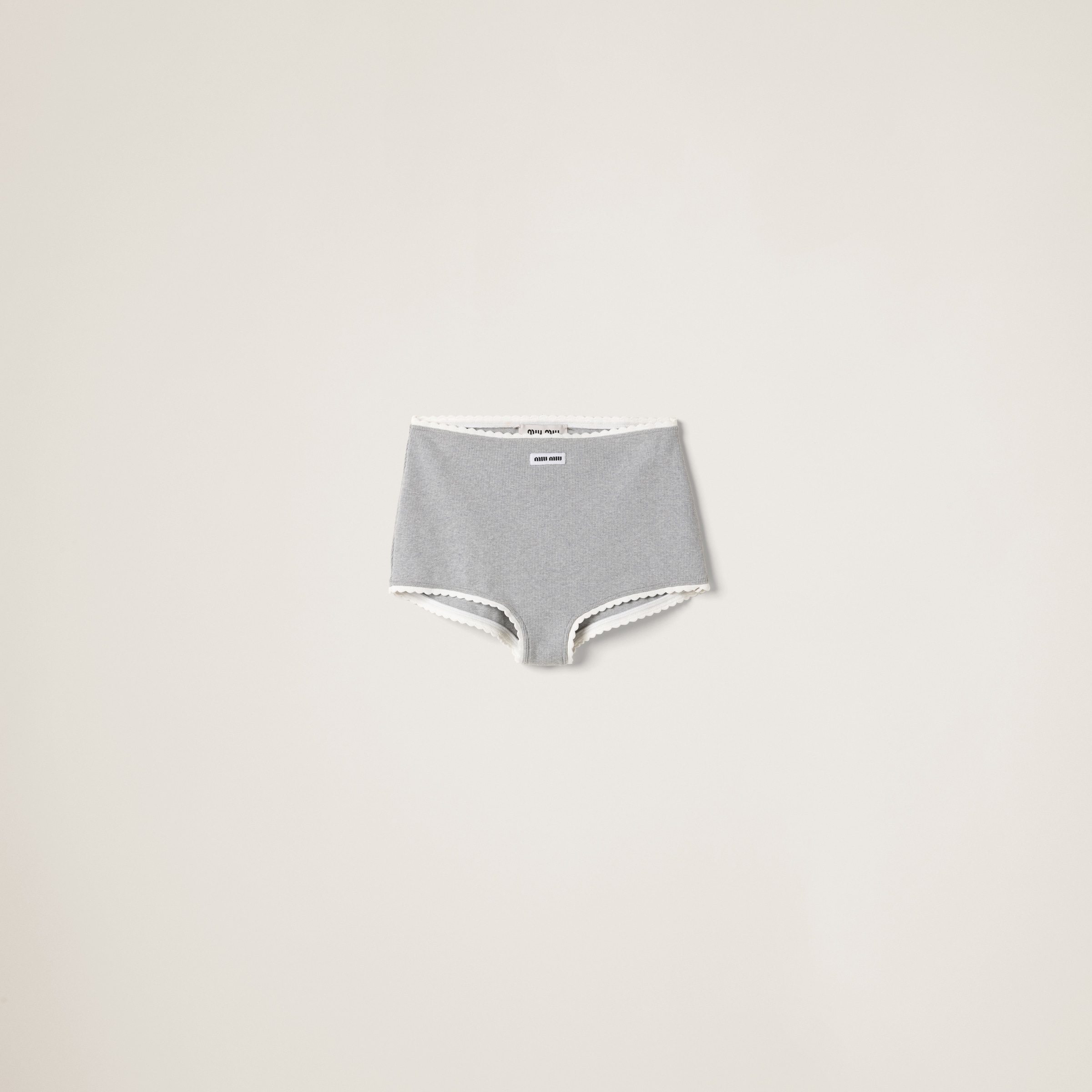 Miu Miu Ribbed Knit Panties With Logo In Grey