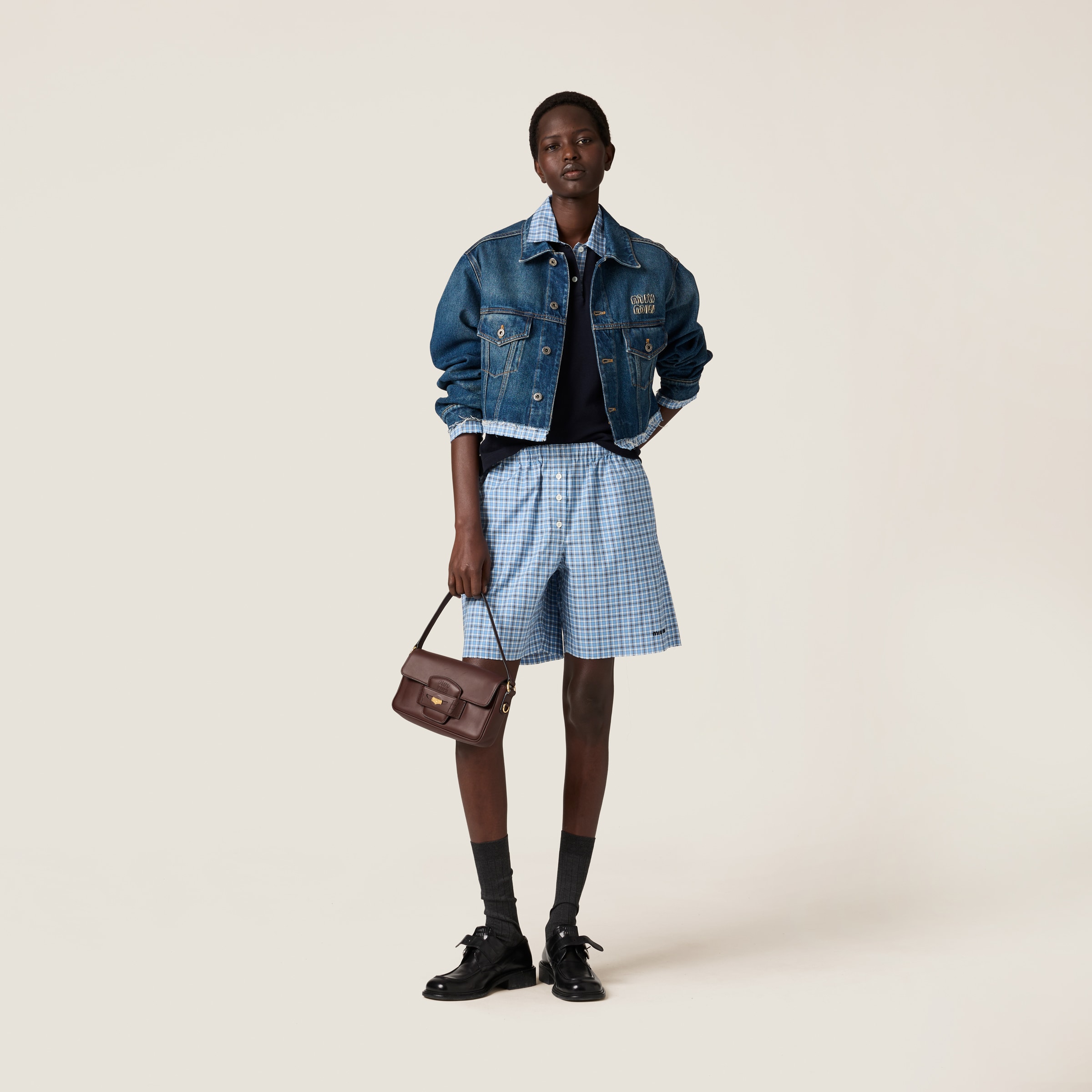 Miu Miu Checked Poplin Boxer Shorts In Lightblue / Blue